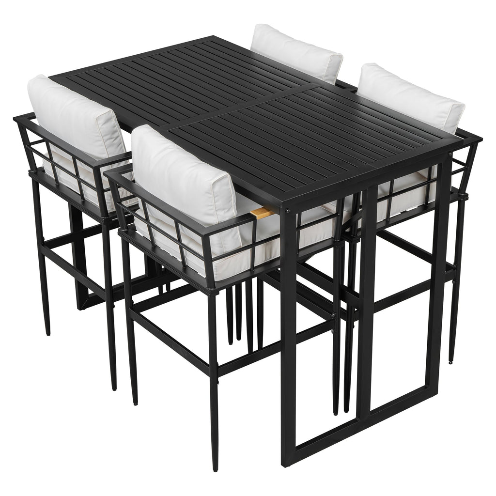 U_Style Iron Outdoor Dining Set with Acacia Wood Armrest