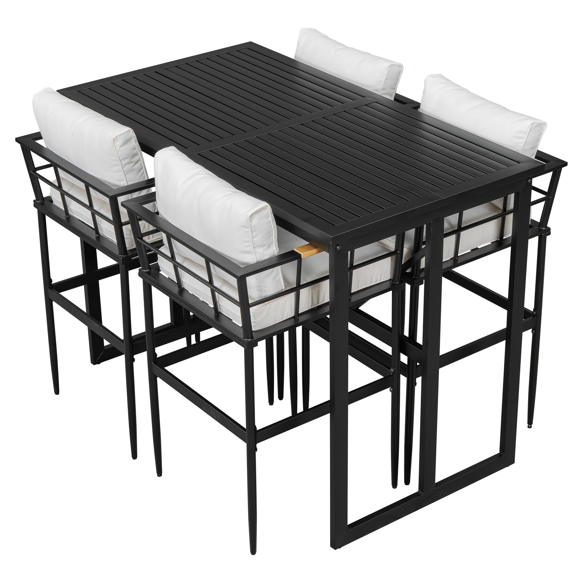 U_Style Iron Outdoor Dining Set with Acacia Wood Armrest