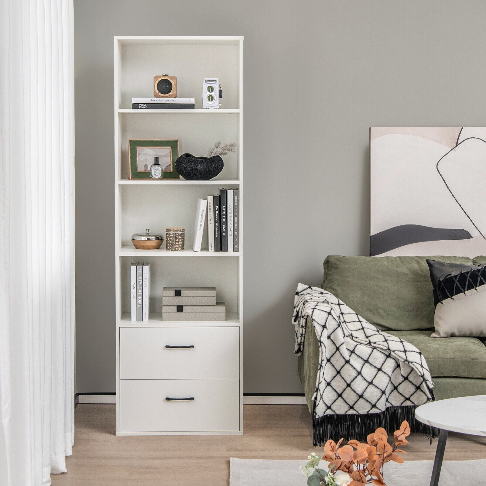 6-Tier Tall Freestanding Bookshelf with 4 Open Shelves and 2 Drawers-White