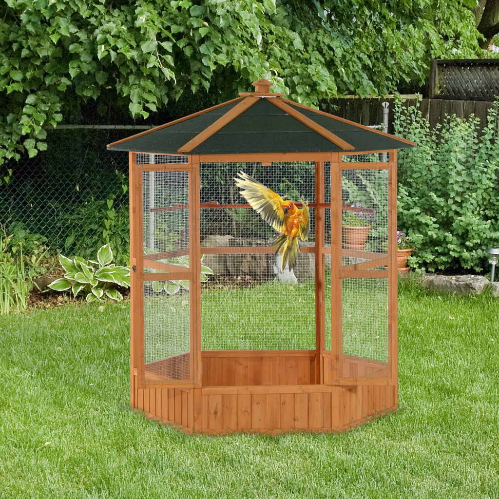 69" Wooden Hexagonal Outdoor Aviary Flight Bird Cage With Covered