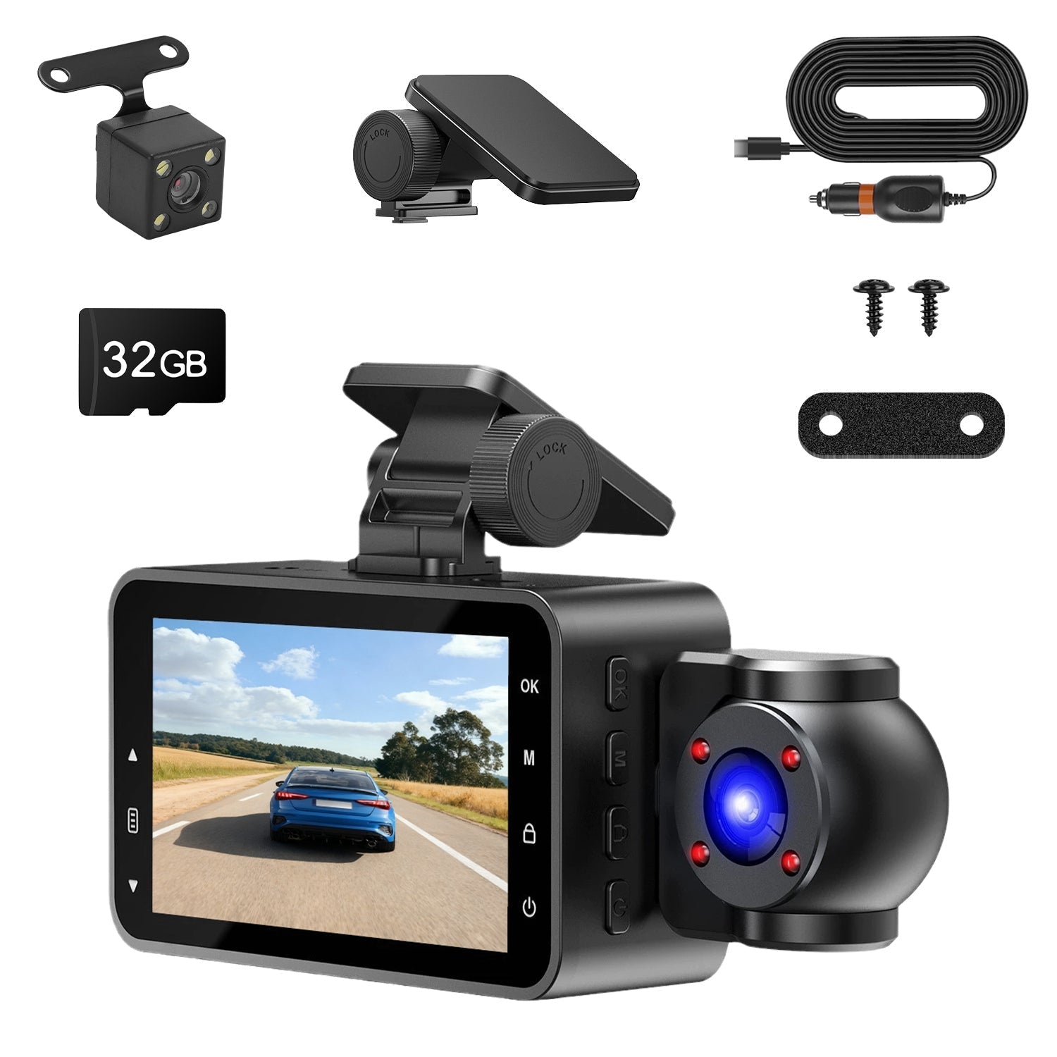 WiFi FHD 1080P 3 Channel Car Dash Cam Front Rear Inside With 32G MMC
