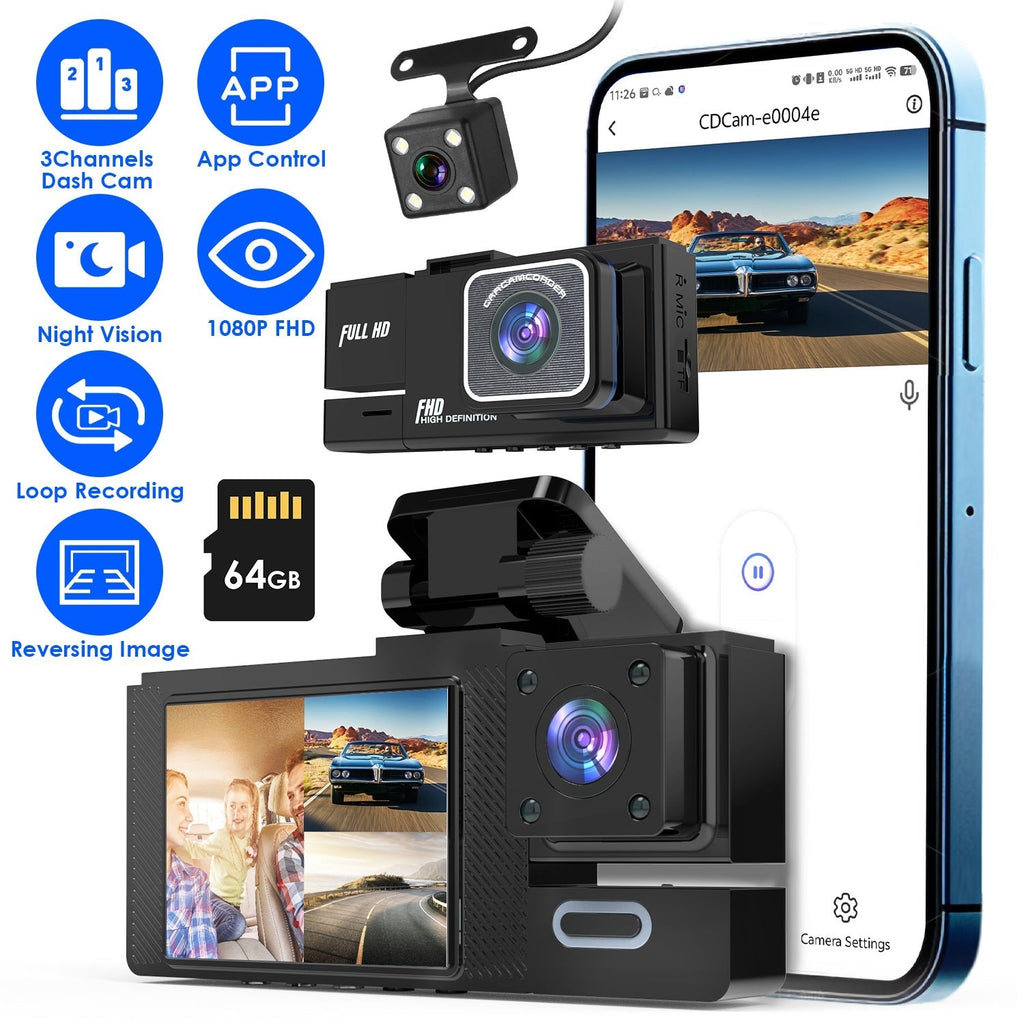 1Pc WiFi FHD 1080P Car Dash Cam 3 Channels Front Rear Inside Dash