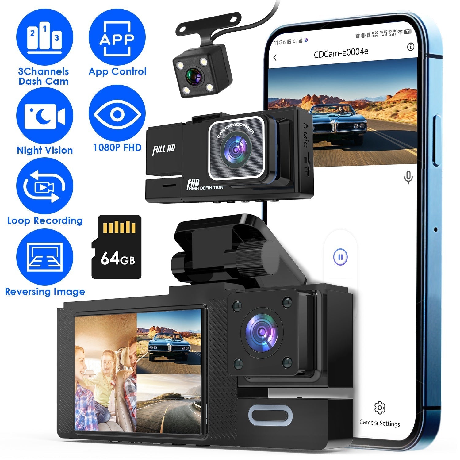 1Pc WiFi FHD 1080P Car Dash Cam 3 Channels Front Rear Inside Dash