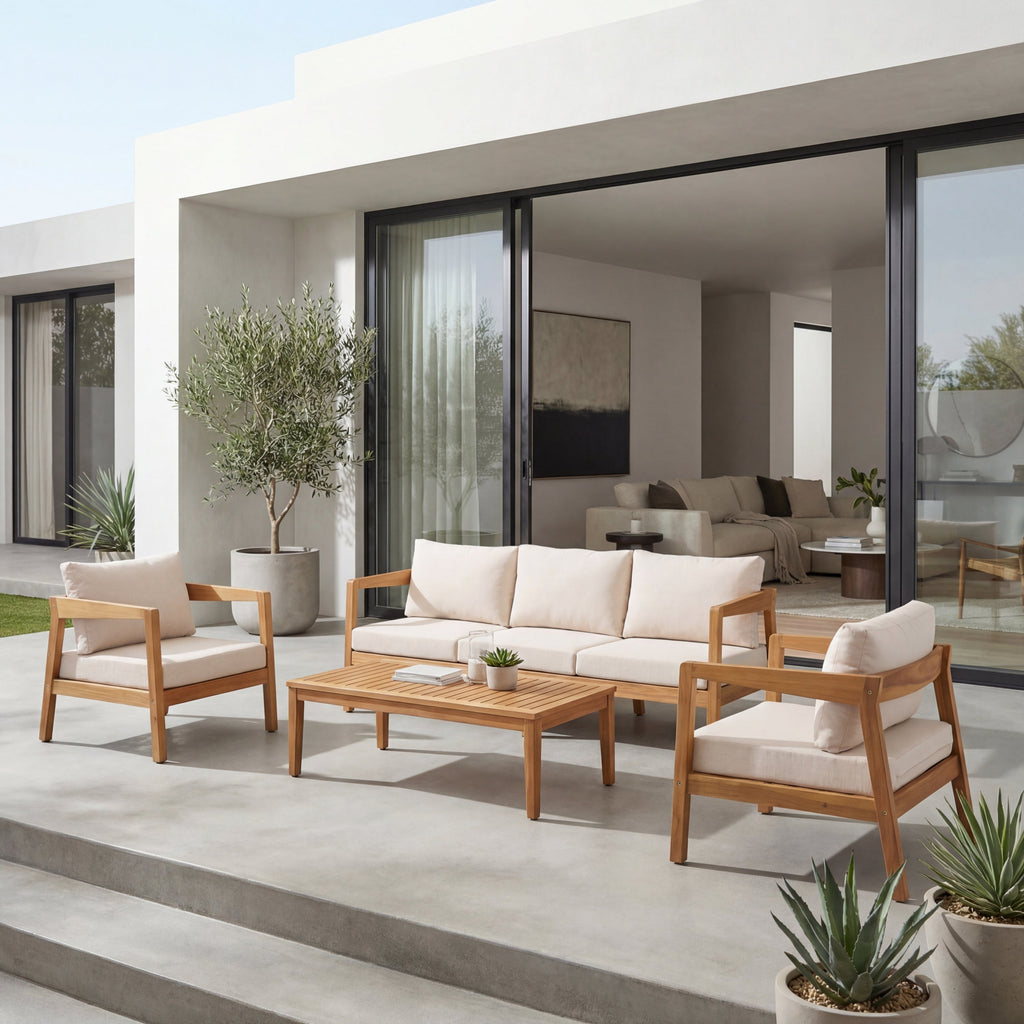 4 Piece Acacia Wood Patio Furniture Set with Soft Cushions
