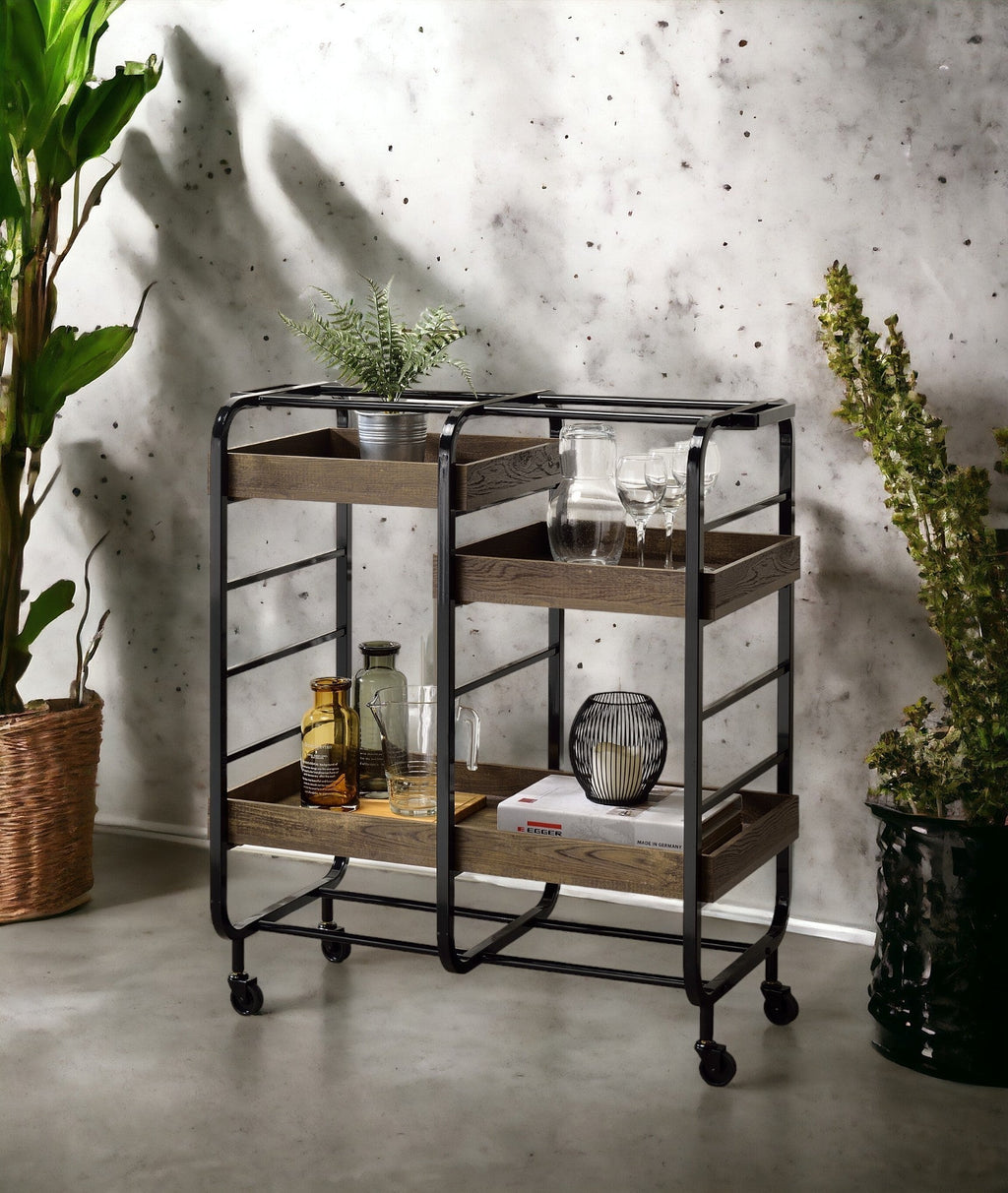 Vorrik Black & Walnut Finish Serving Cart