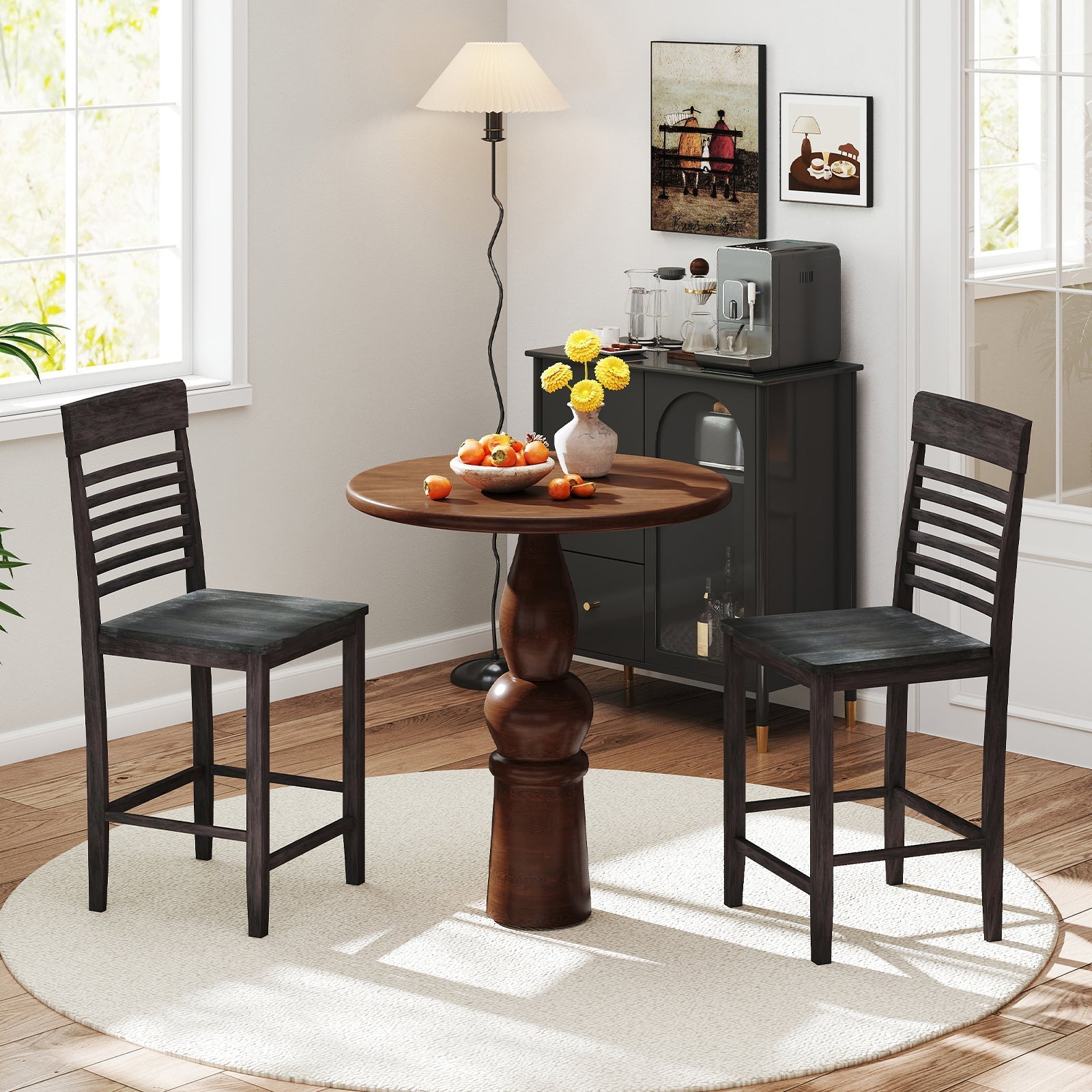 Dining Chair Set of 2 with Footrests and Solid Wood Frame-Gray