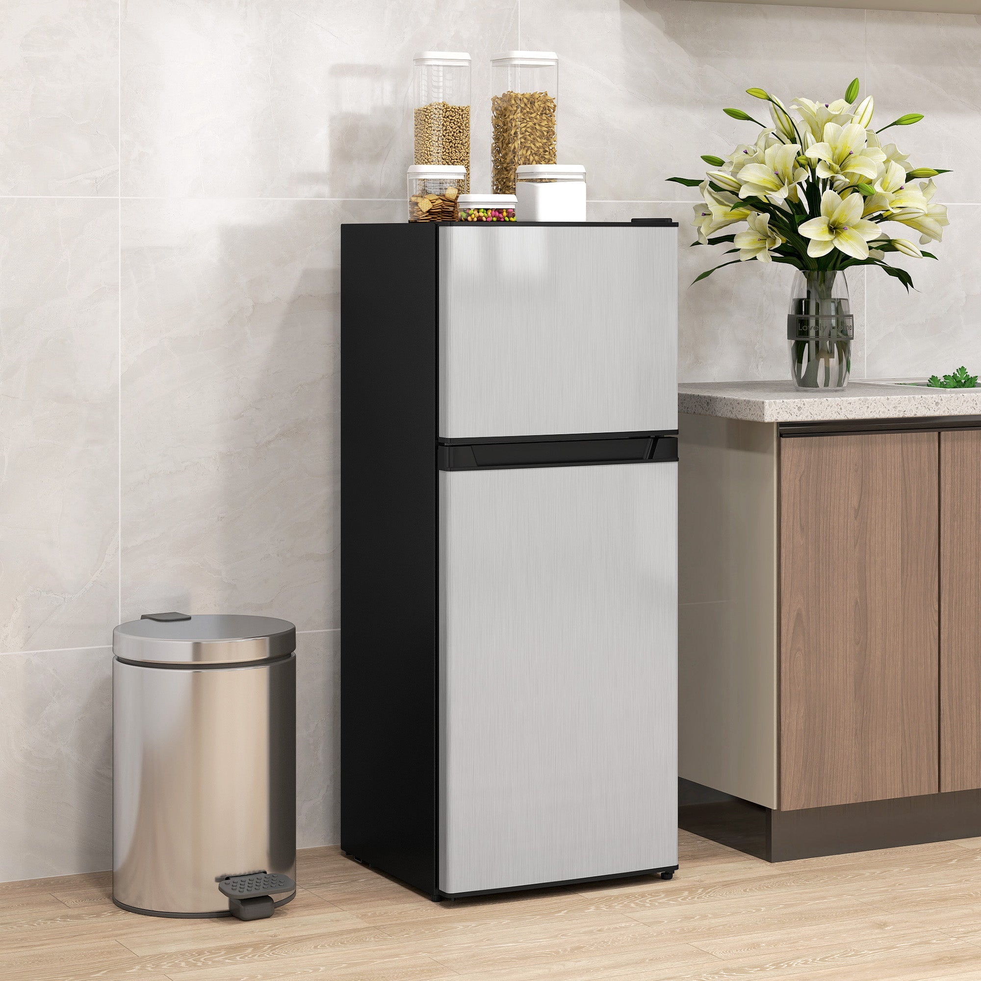 Small Fridge with Freezer, 4 Cu Ft Refrigerator with Reversible Doors,
