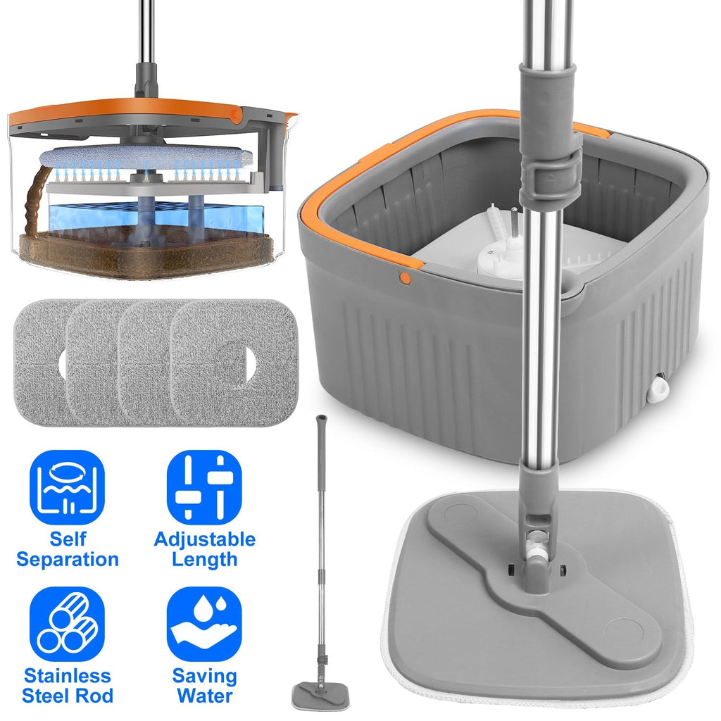 Spin Mop And Bucket System Includes Dual Compartment Mop Bucket 4Pcs