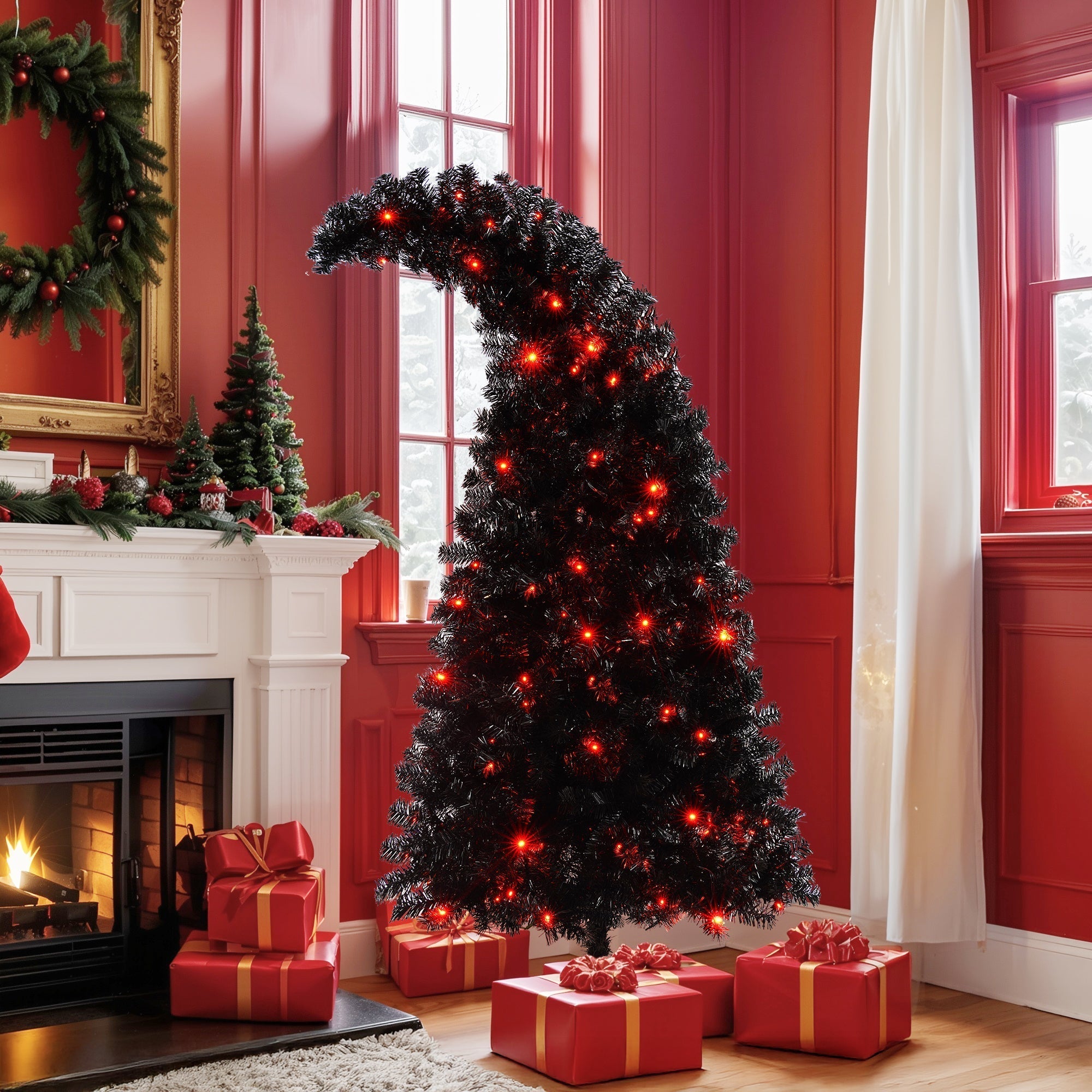 6Ft Curved Hat-Look Black Holiday Tree with Orange & Purple Lights
