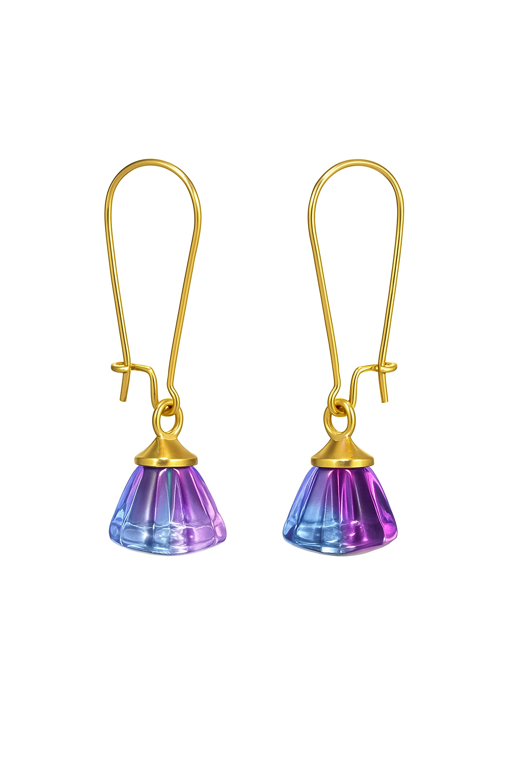 Handmade Earrings with Blue-Magenta Pendant, 18K Gold-Plated Tassels