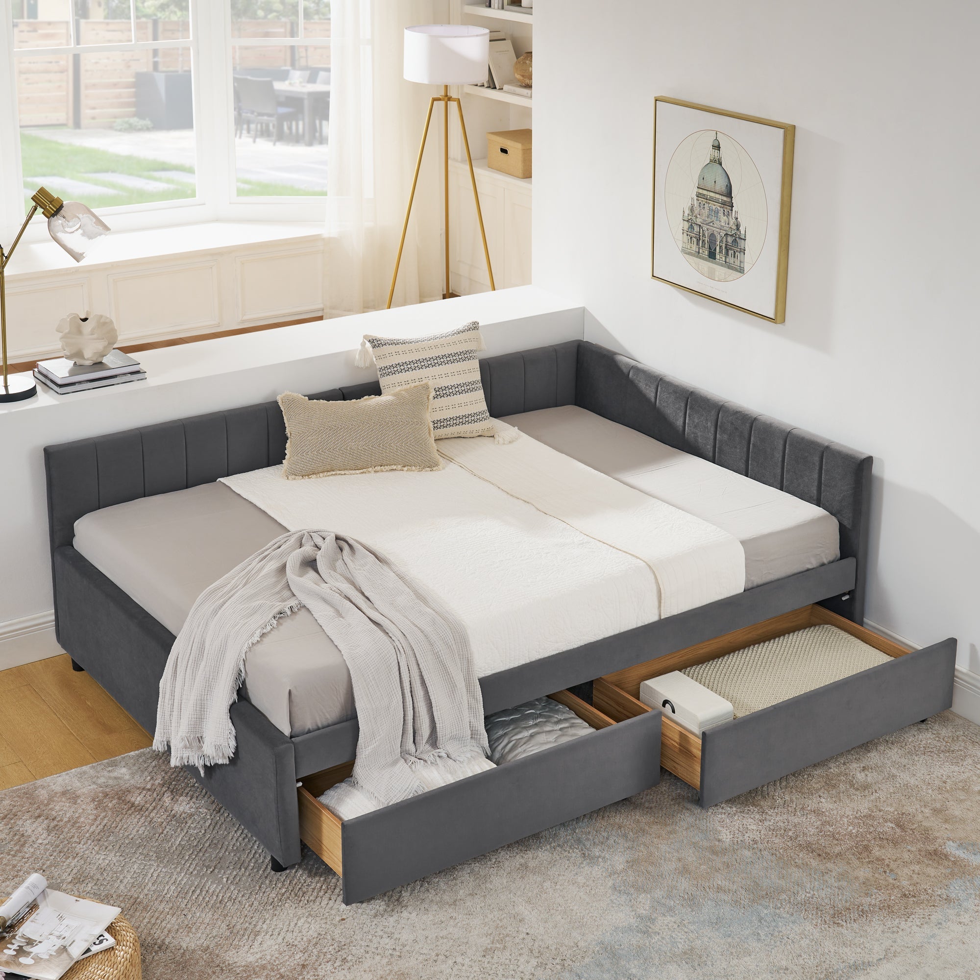 Full Size Upholstered Tufted Bed Frame with Two Drawers