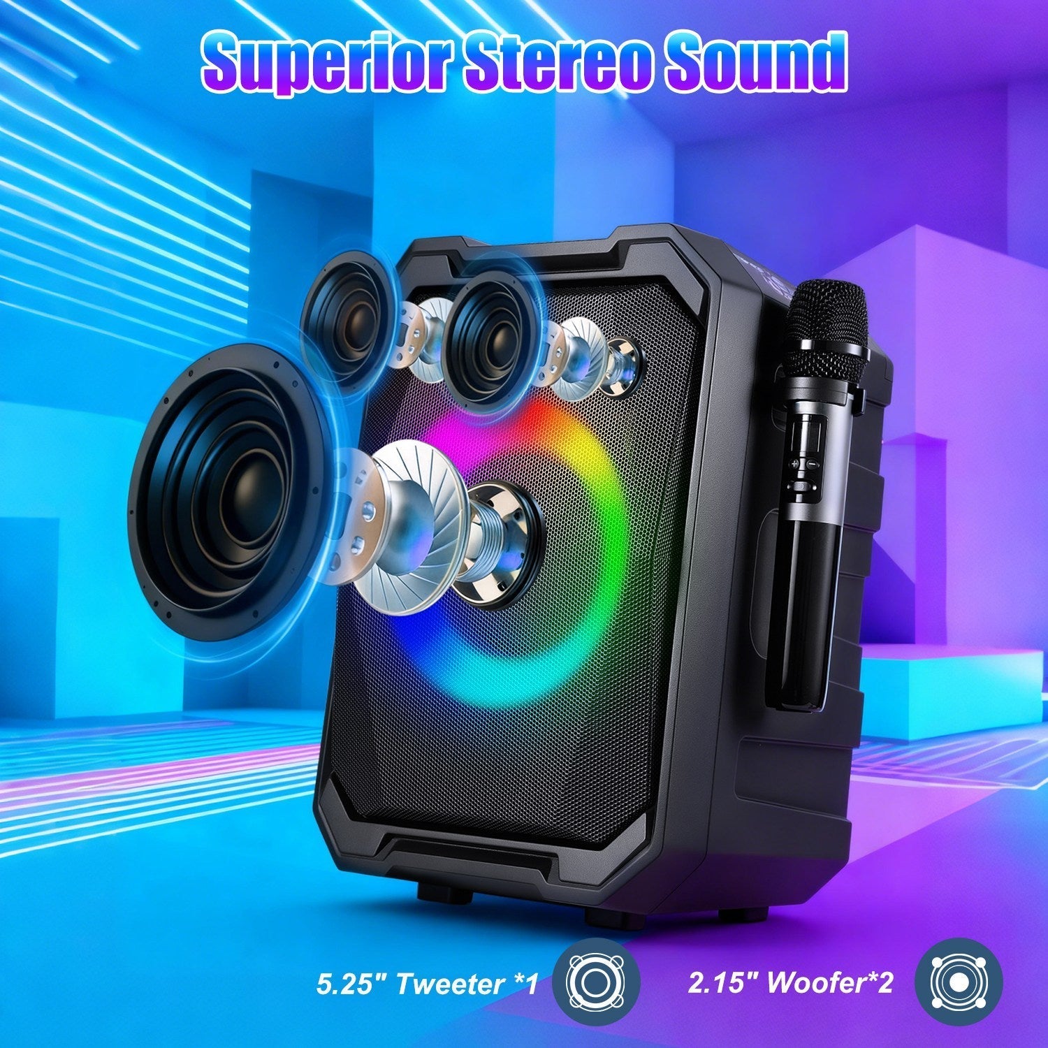 1Pc Portable Wireless Party Speaker With LED Light 2 Wireless Mics