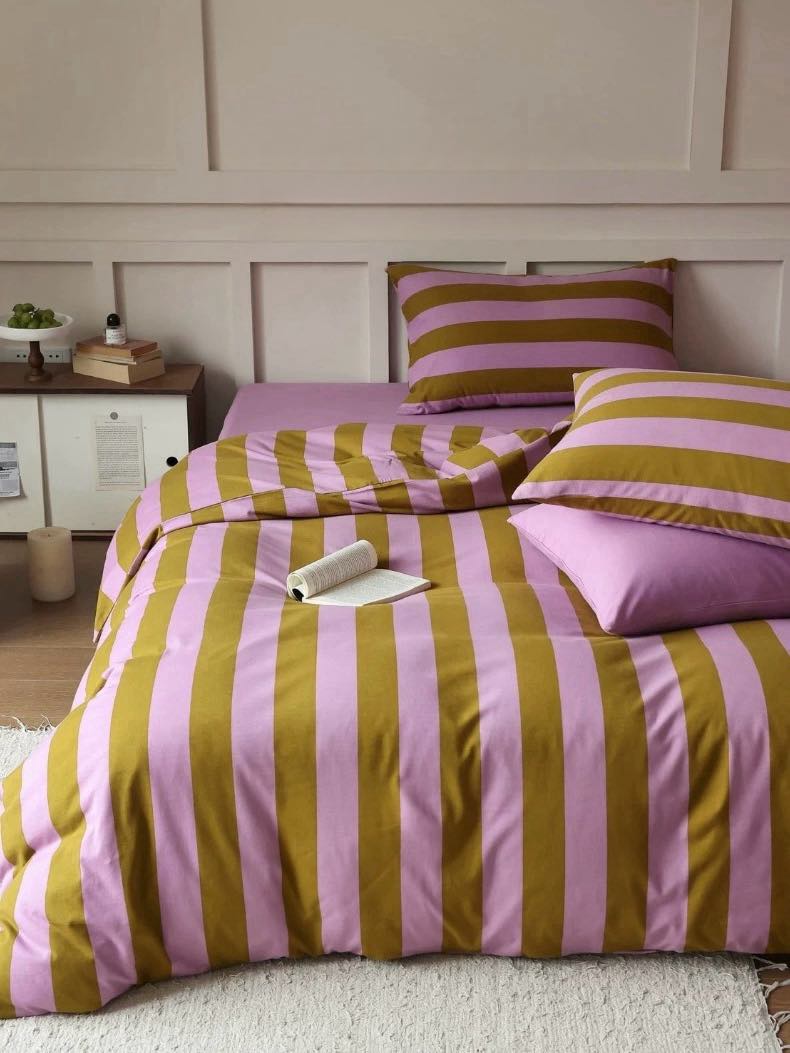 Dopamine Stripe Cotton Queen Size Duvet Cover Set With Pillowcases &