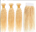 Blonde Kinky Curly #1B/613 Human Hair BUNDLES with CLOSURES & FRONTALS