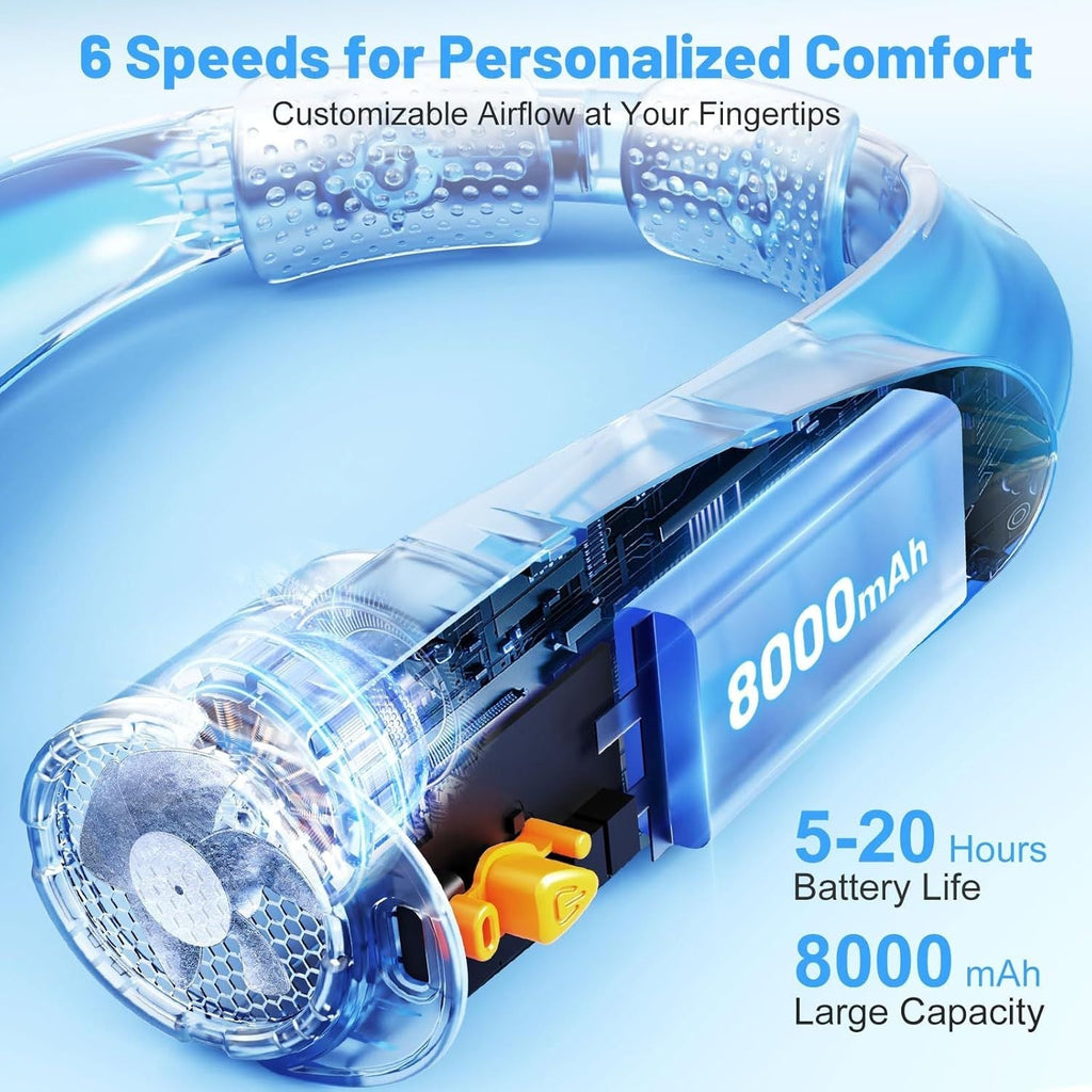 Portable Neck Fan with 6 Powerful Speeds, 8000mAh Battery Operated