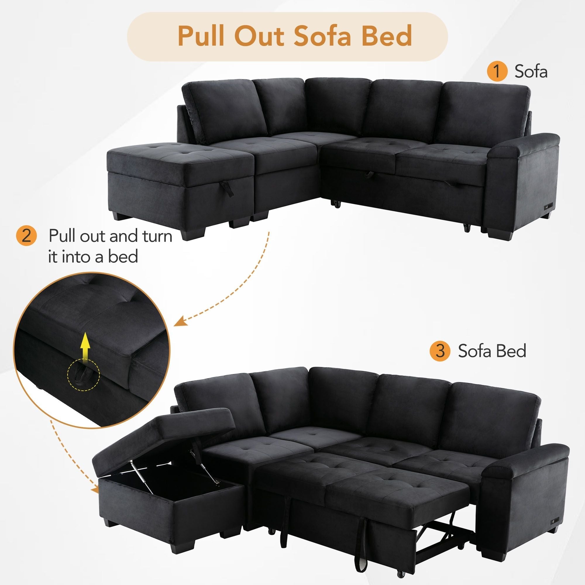 Sleeper Sectional Sofa, L-Shape Corner Couch Sofa-Bed with Storage