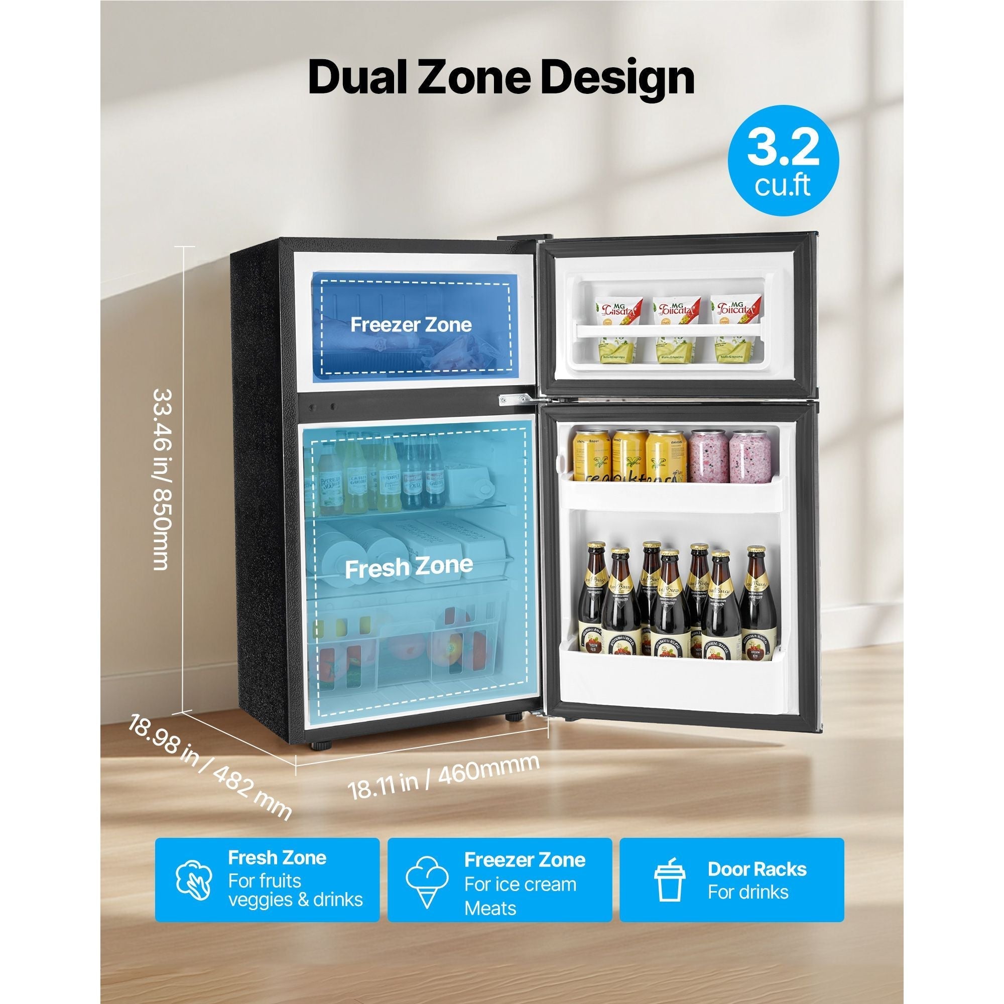 Mini Fridge with Freezer, 3.2 Cu.Ft, Two Door Compact Refrigerator,