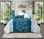 3-Piece Teal Lace Floral Bedding Set (Queen/King/Cal King) - Quilted