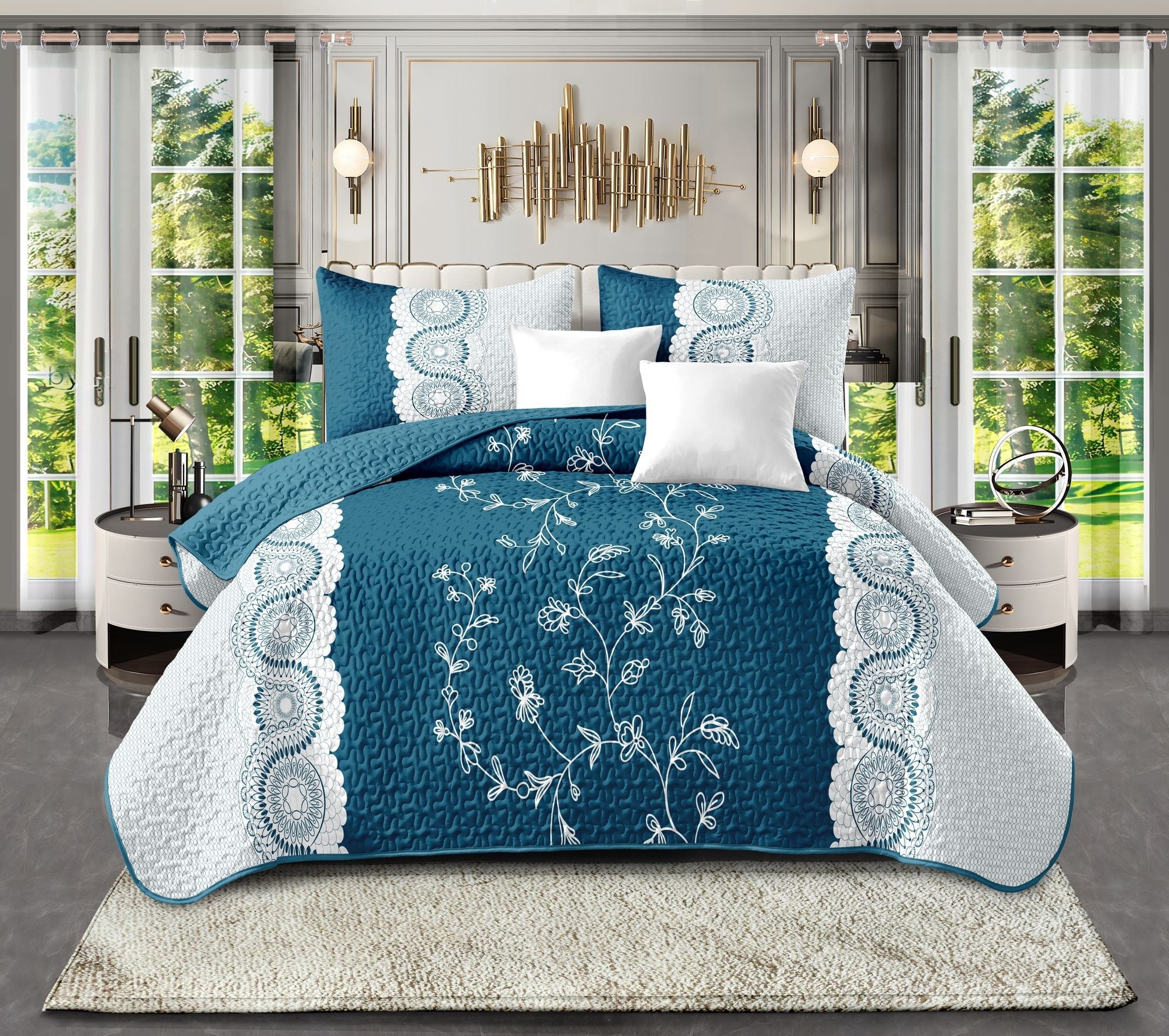 3-Piece Teal Lace Floral Bedding Set (Queen/King/Cal King) - Quilted