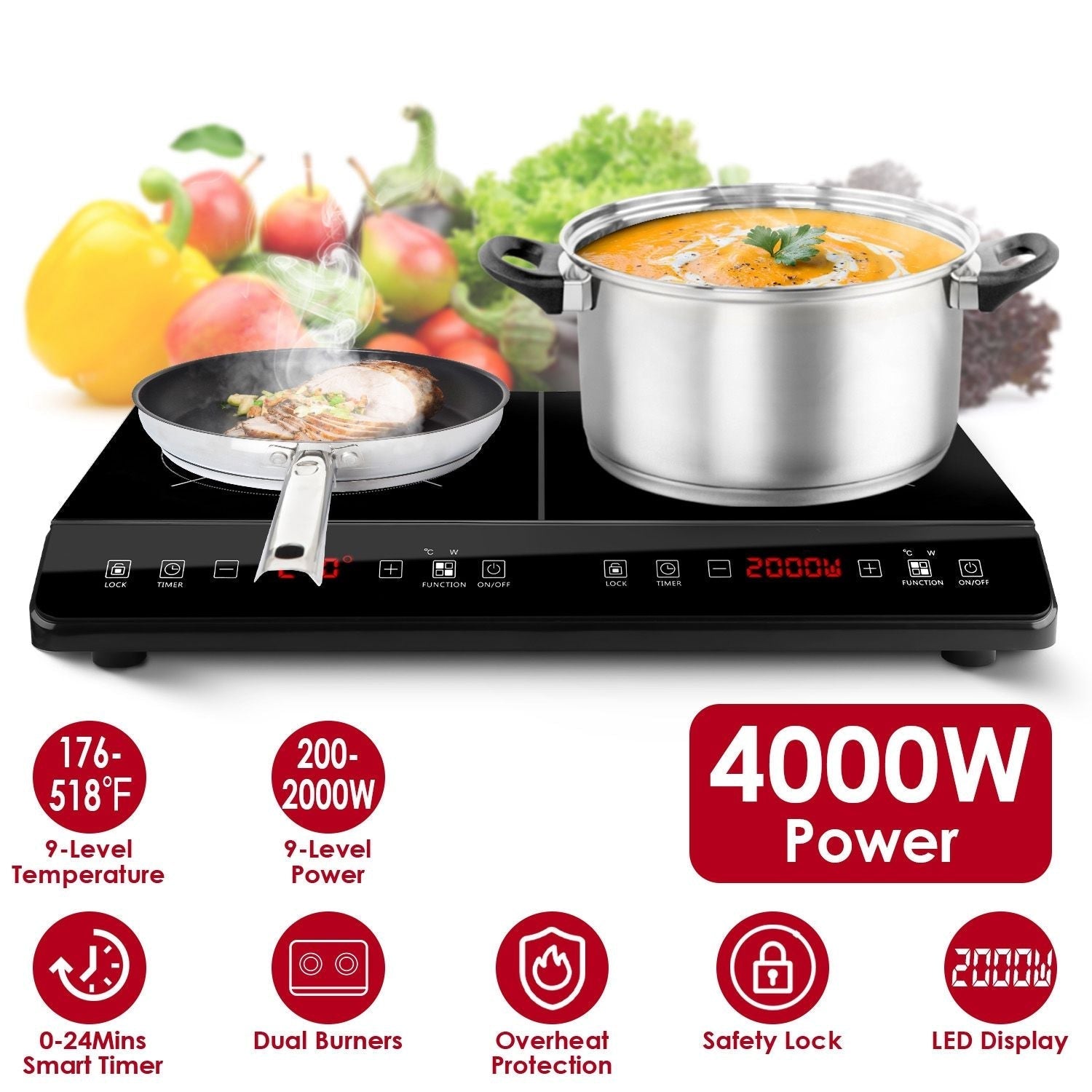 4000W Induction Cooktop Portable Double Induction Cooker Electric Dual