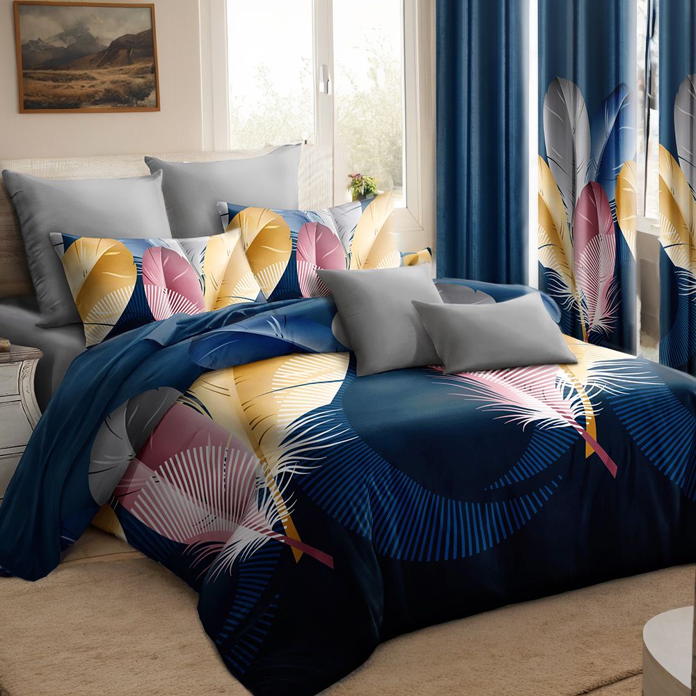 9-Piece Feather Print Bedding & Curtain Set (Queen/King/Cal King) -