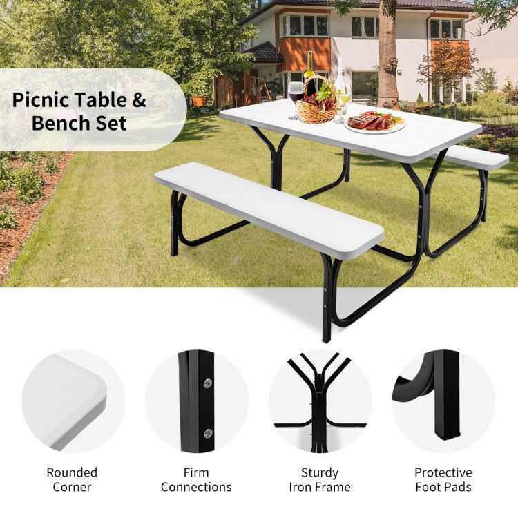 All Weather Outdoor Picnic Table Bench Set with Metal Base Wood