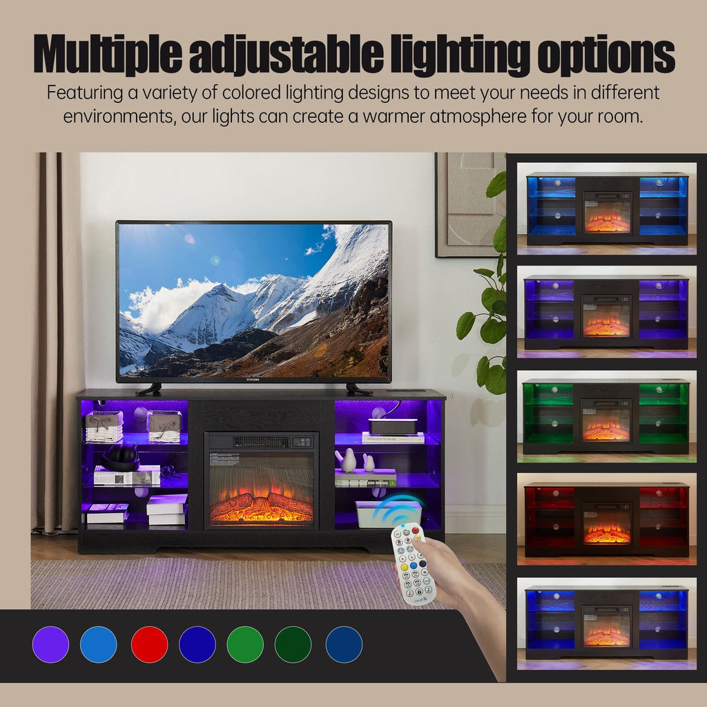 TV Stand Electric Fireplace TV Stand with Glass Shelves, 3D Fireplace