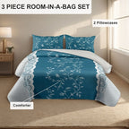 3-Piece Teal Lace Floral Bedding Set (Queen/King/Cal King) - Quilted