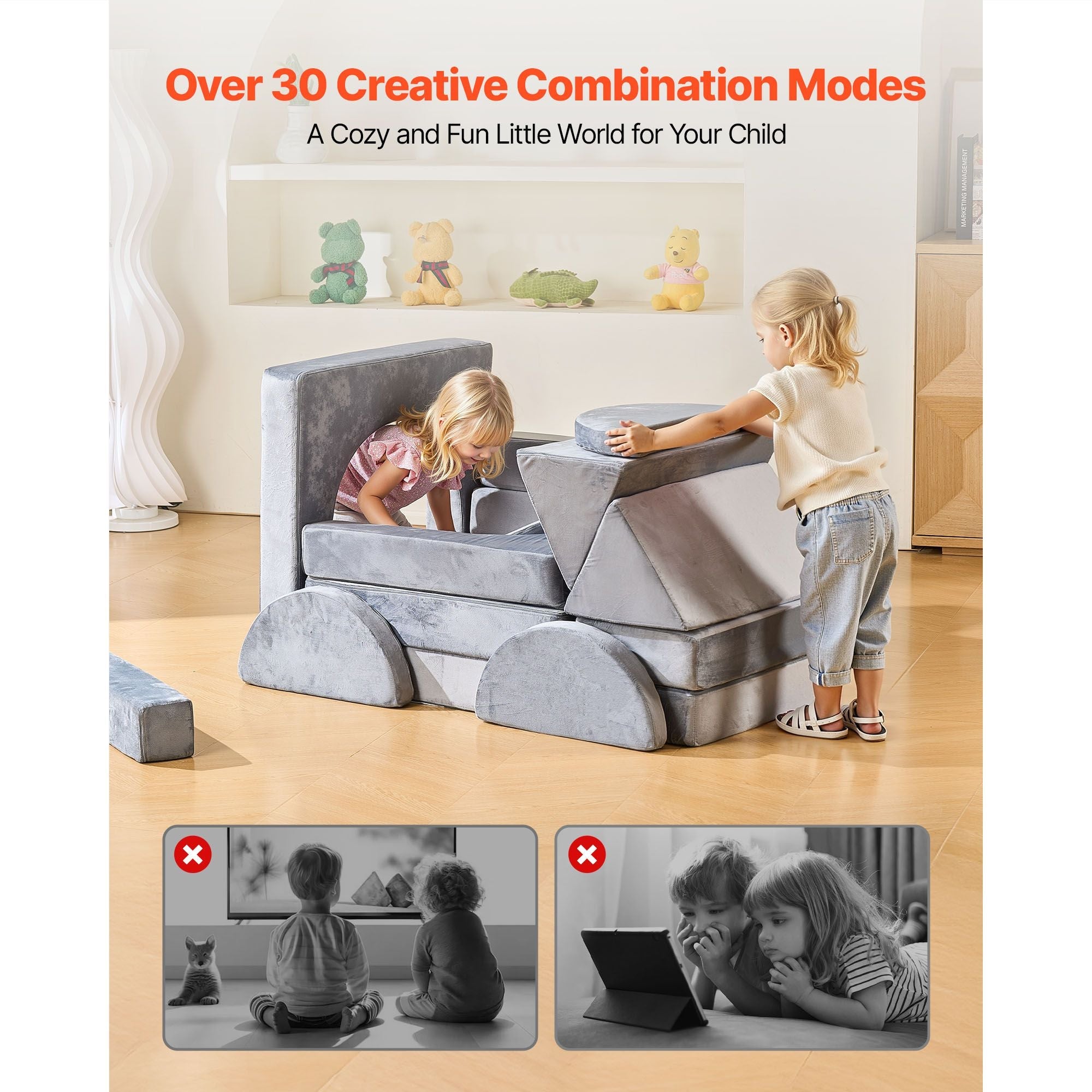 Modular Kids Play Couch, Sectional Toddler Sofa with Armrests, 28D