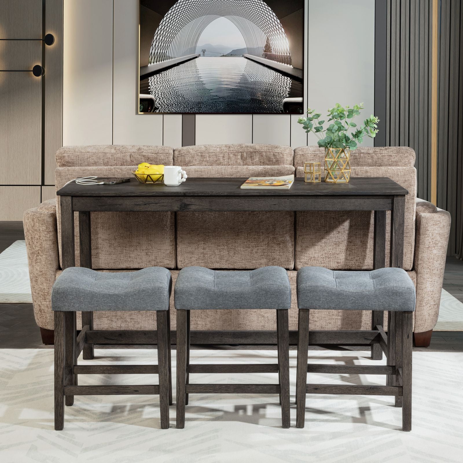 4 Piece Bar Table Set with Power Outlet,Bar Table Set with Chairs,Sofa
