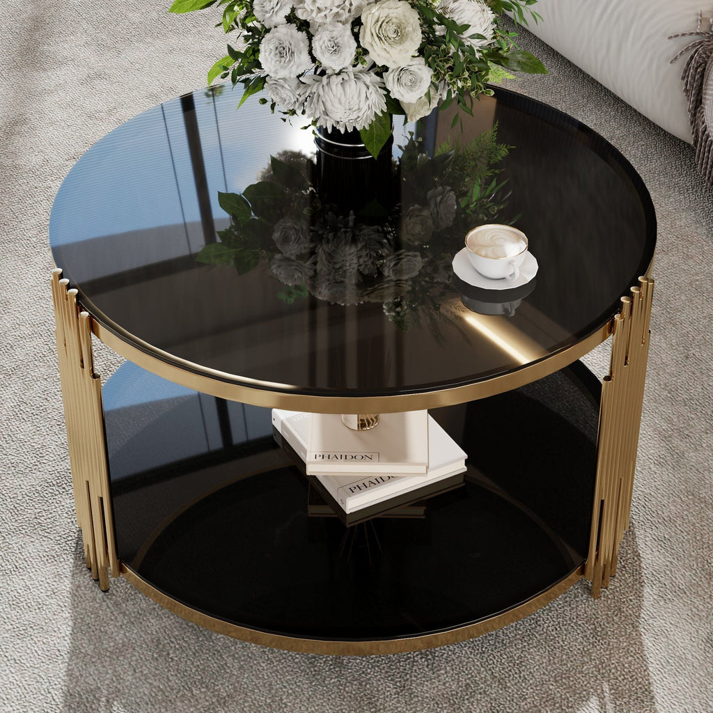 Modern Black Mirror Coffee Table, Asymmetrical Metal, Circular Metal