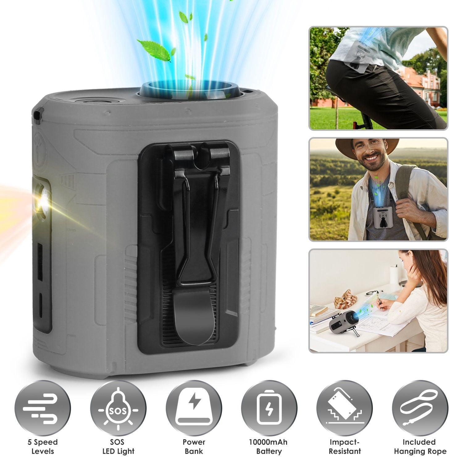 5 In 1 Portable Waist Clip Fan With 5 Speeds Flashlight 10000mAh