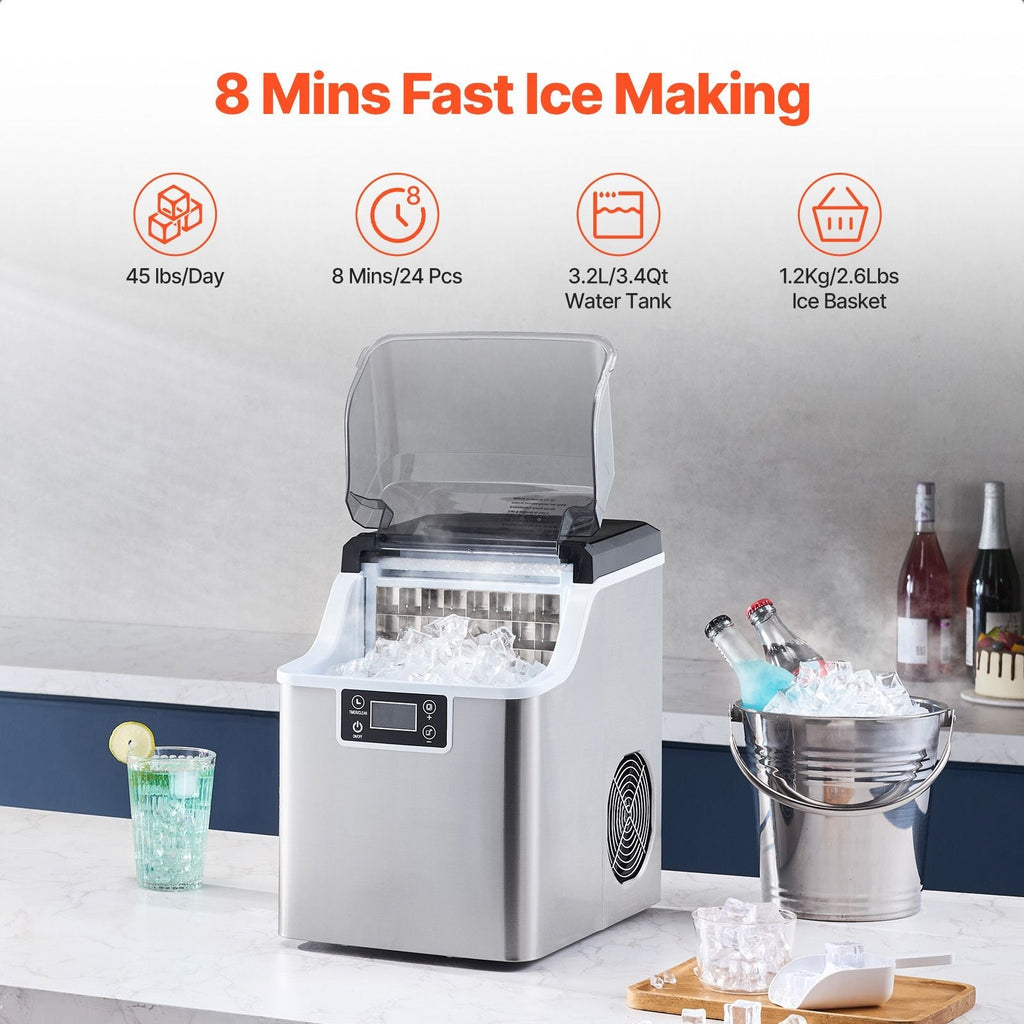 Countertop Ice Maker, 24 Cubes Ready in 15 Mins, 45lbs in 24Hrs,