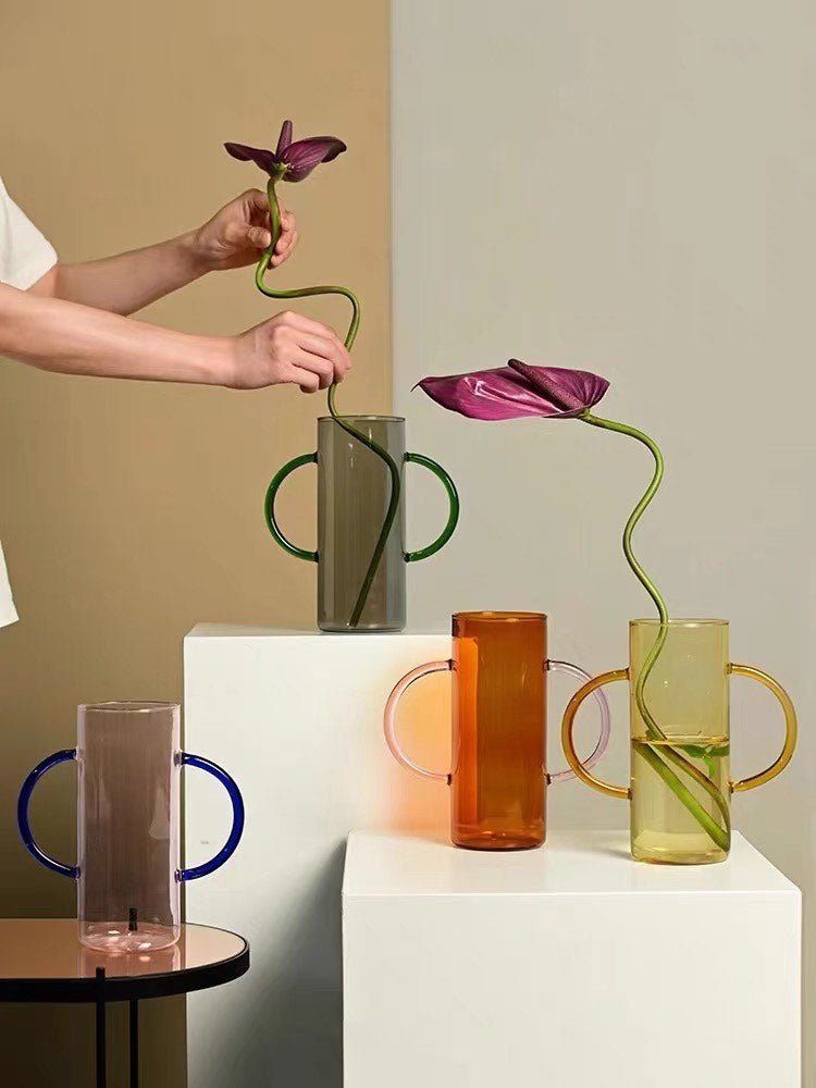 Dual-handle Dopamine Glass Flower Vase - Whimsical Table Setting