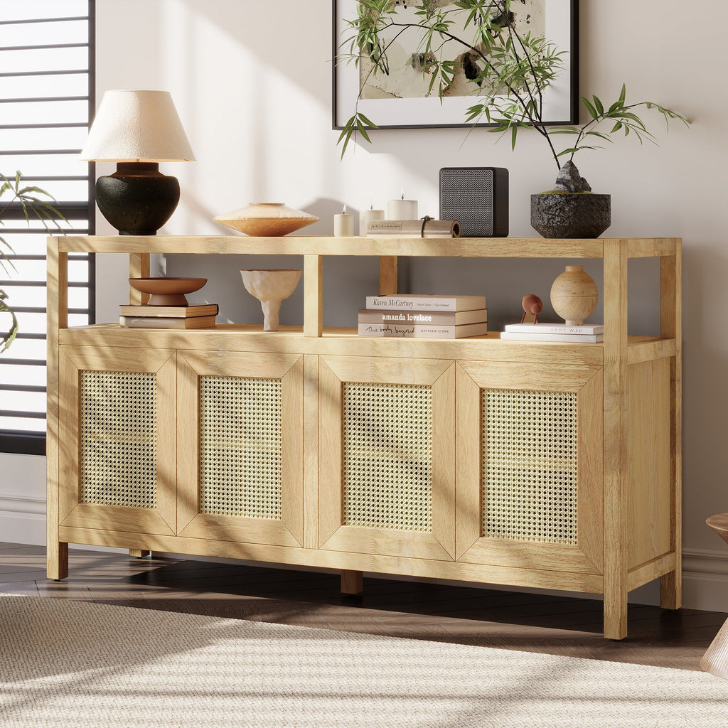 Bohemian Style Rattan Buffet Storage Cabinet with Solid Wood Frame