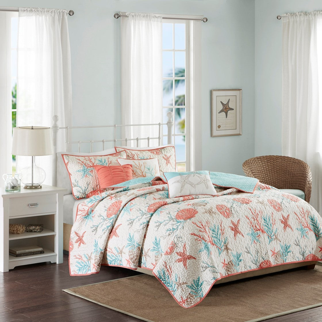 6 Piece Cotton Sateen Quilt Set with Throw Pillows - Coral King/Cal King