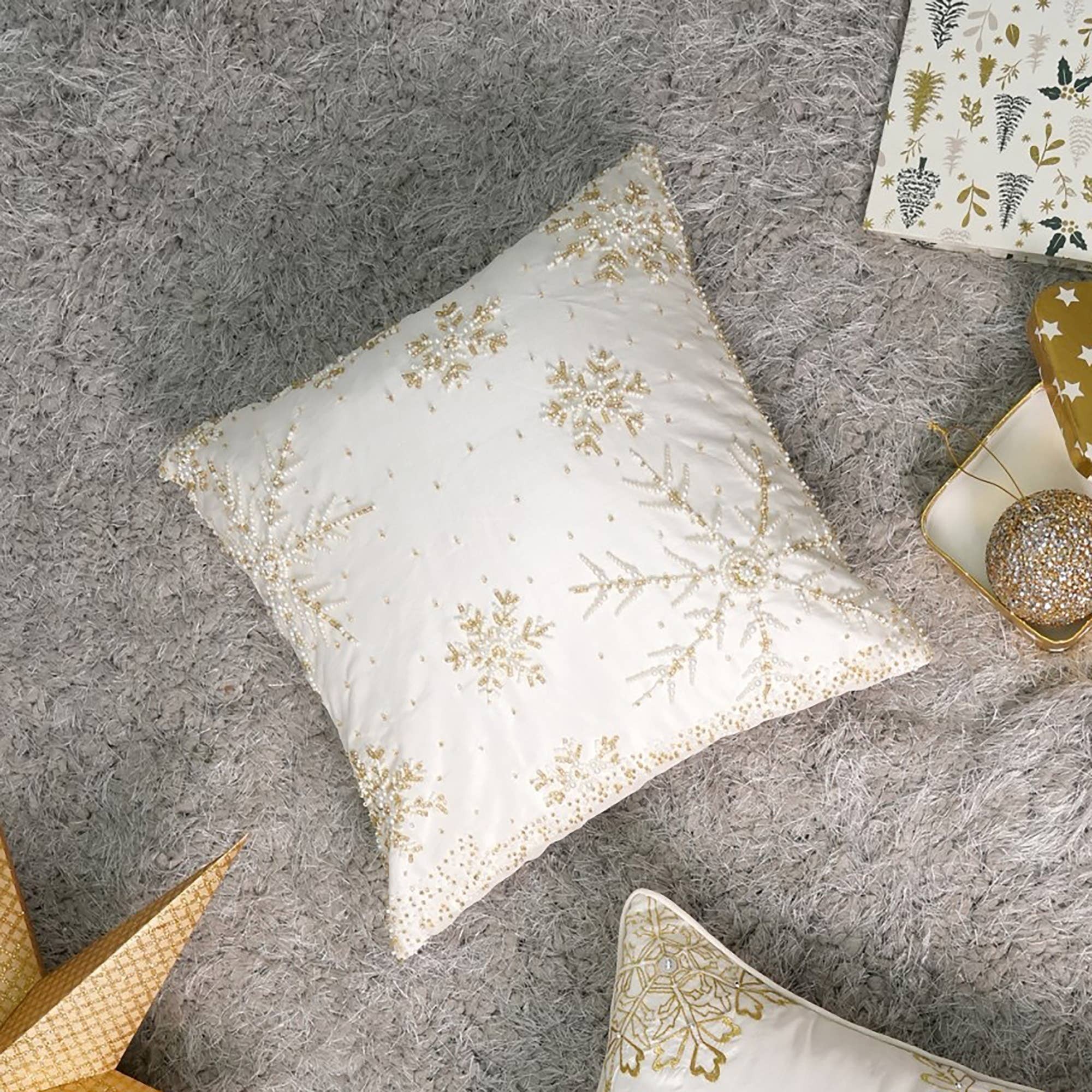 Handcrafted Snowflake Embroidered Cotton Throw Pillow