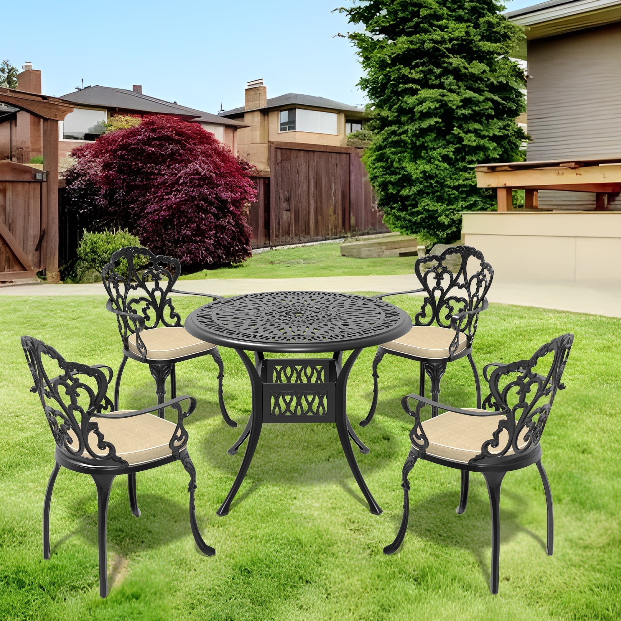 5-Piece Set Of Cast Aluminum Patio Furniture With Off-White Cushions