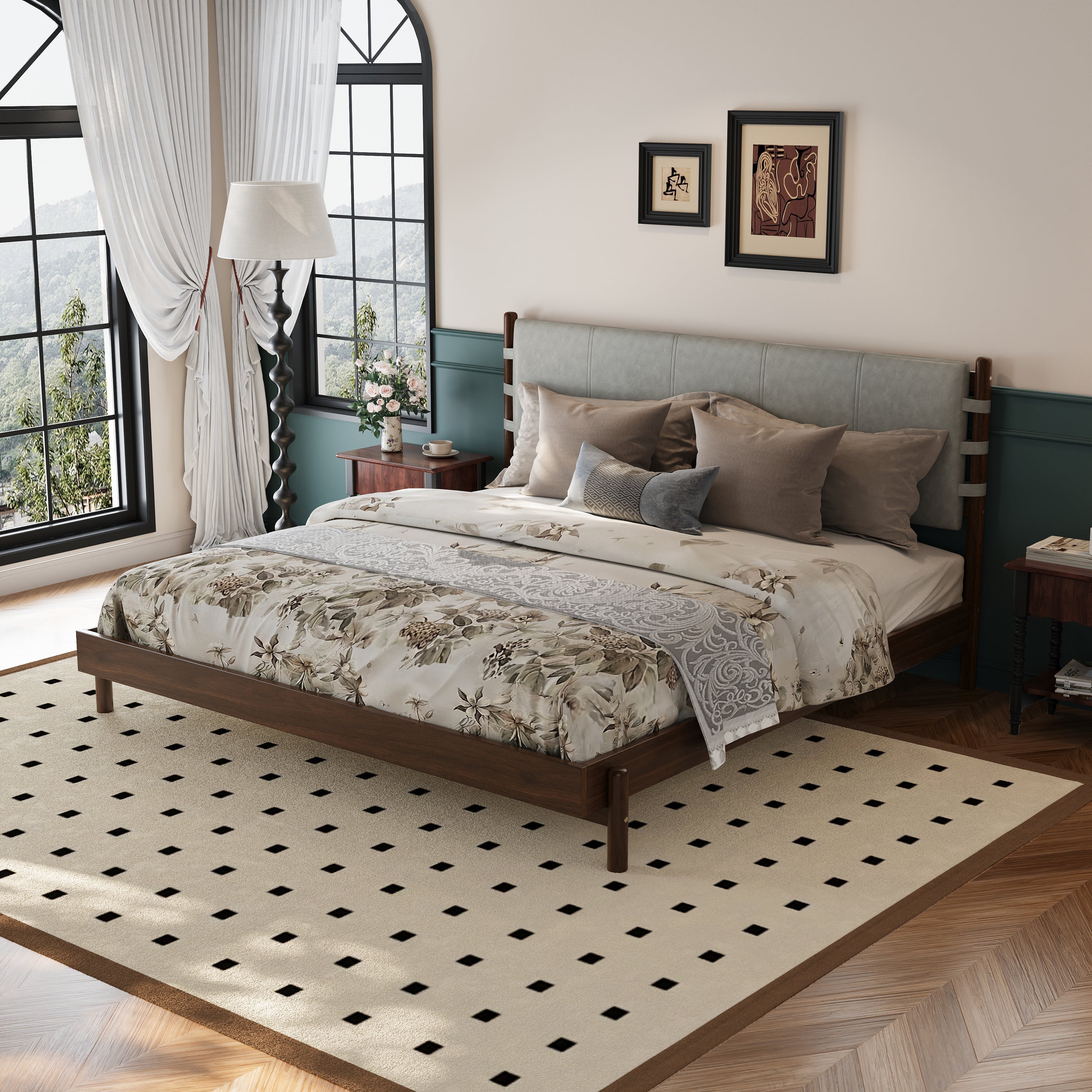 Premium Rubber Wood Platform Bed Frame King Size with Light Grey Headboard