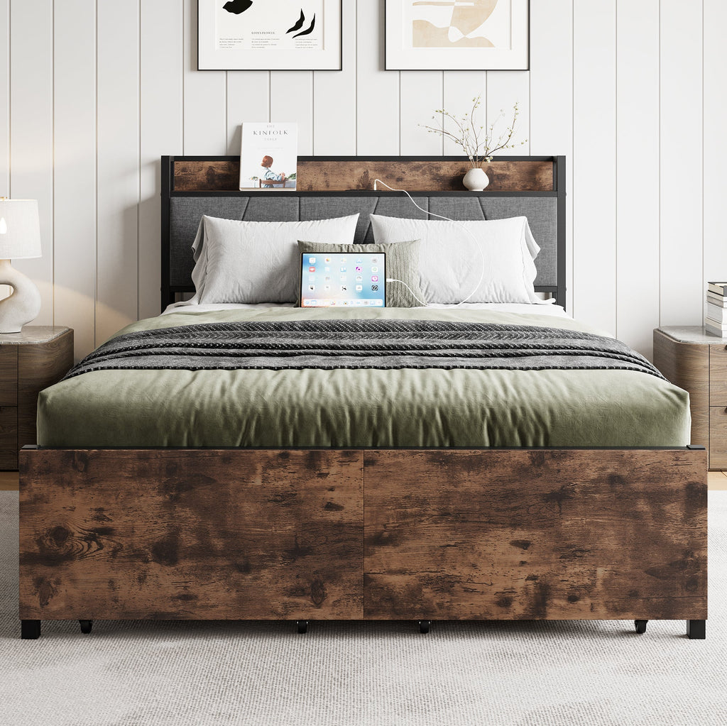 Upholstered Platform Bed with Storage and Charging Station in Vintage Brown and Gray