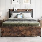 Upholstered Platform Bed with Storage and Charging Station in Vintage Brown and Gray