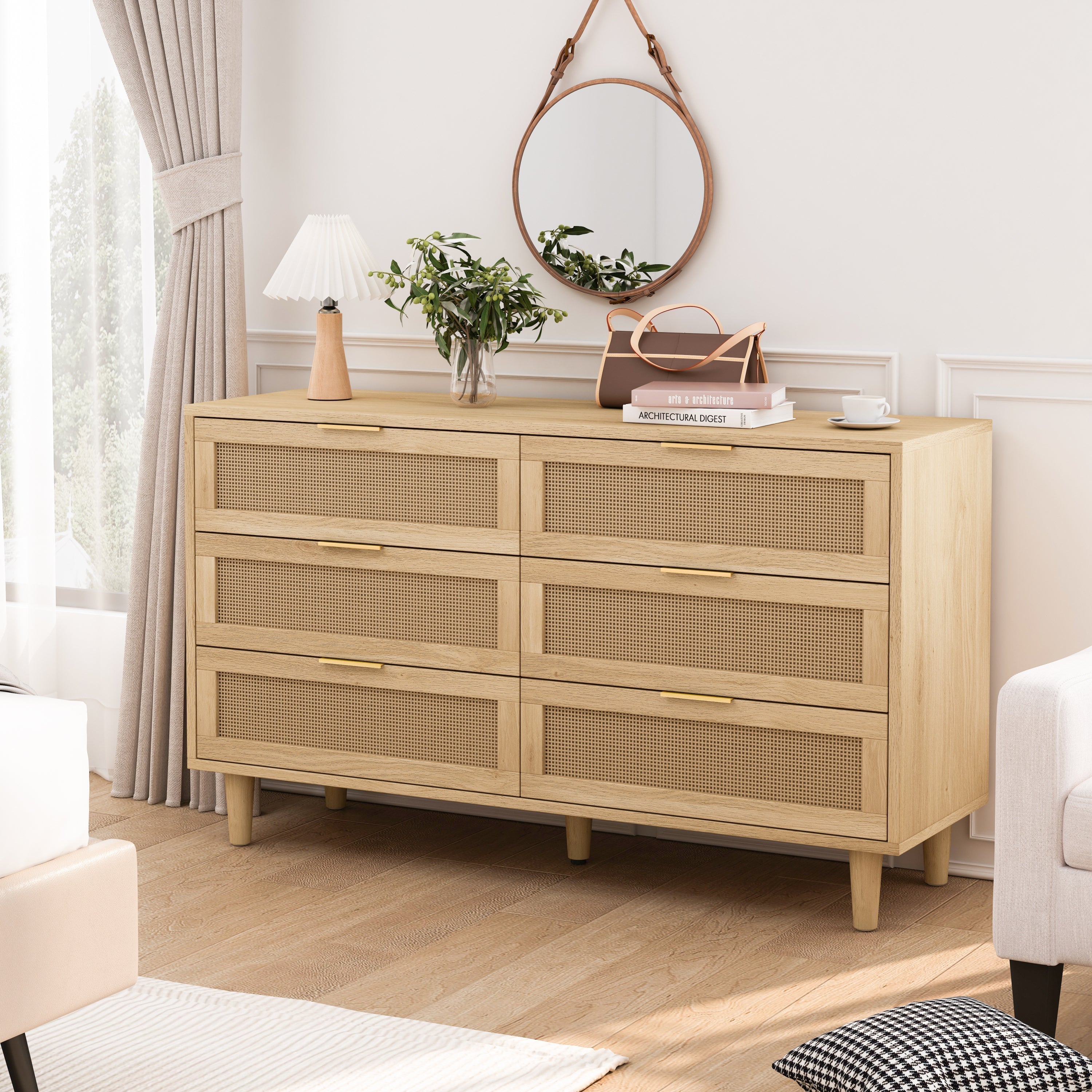 51.18' 6-Drawer Rattan Storage Cabinet Natural