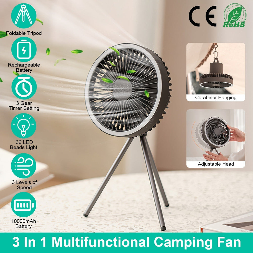 Camping Fan With Lantern Rechargeable Battery Powered Portable Tripod