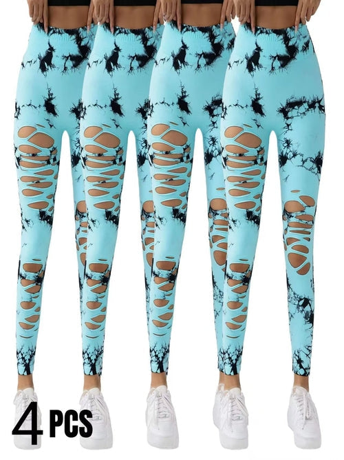 4 Pack New Style Hollow-Out Tie-Dye High-Waisted Tummy-Control Yoga