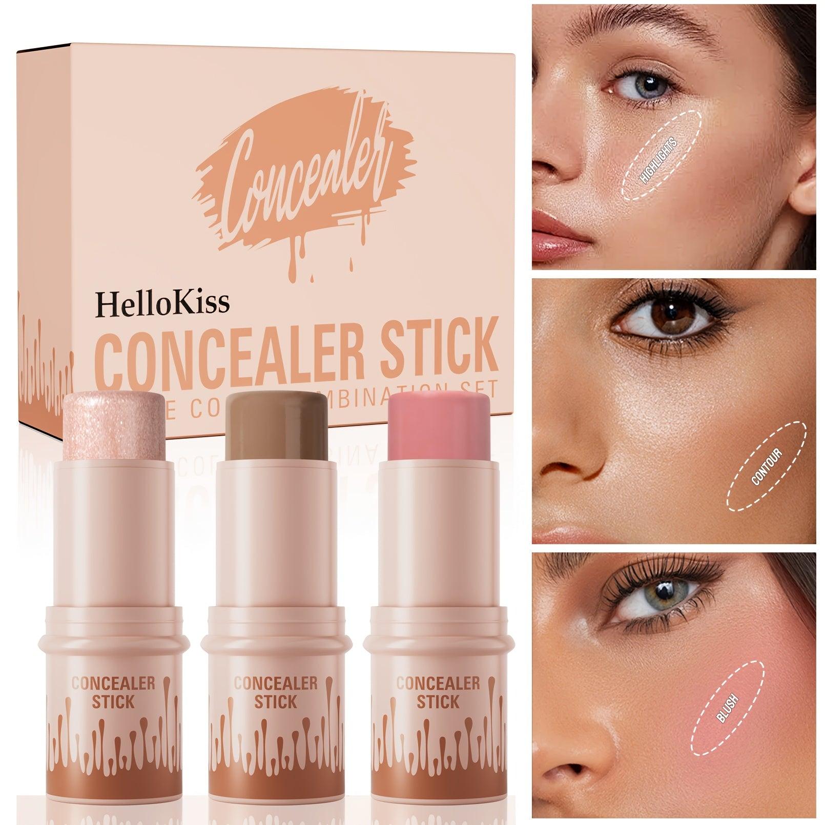 HelloKiss 3pcs Concealer Stick Set with Makeup Brush White Pink Black