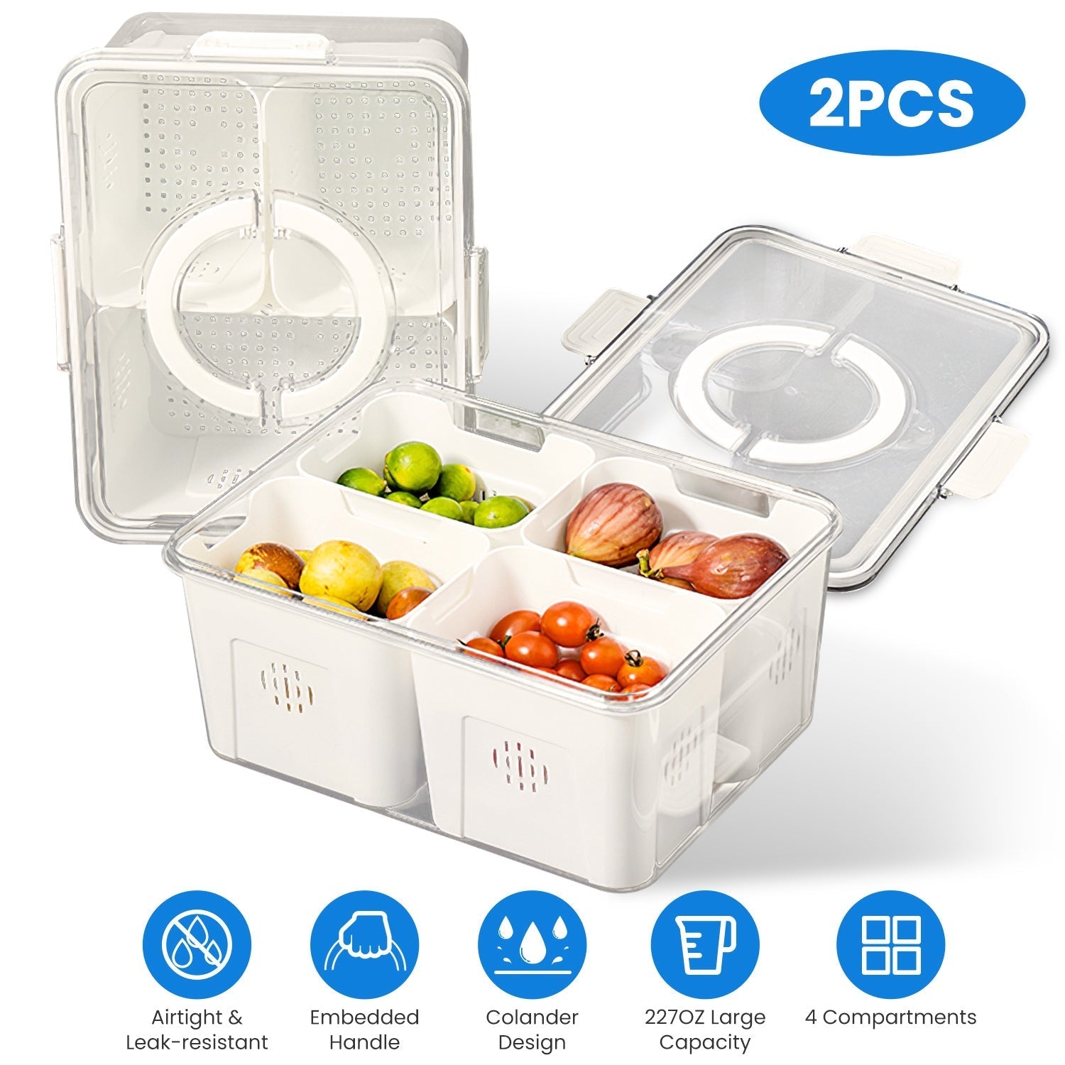 2Pack Airtight Fruit Storage Containers 4 Compartment Food Storage