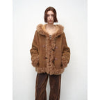 Fireladyfur Women's Shearling Coat - Drop Shoulder Hooded Merino Wool