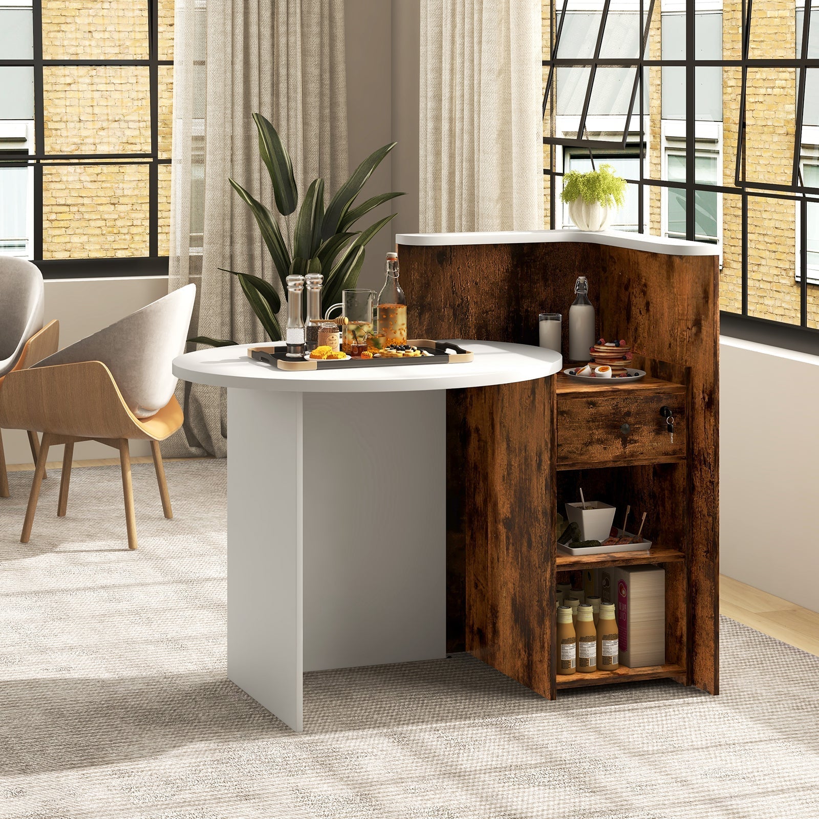 Front Reception Office Desk with Open Shelf and Drawer-Brown & White