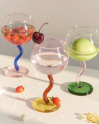 Handblown Bubble Wine Glass - Retro Whimsical Eclectic Wavy Stemmed