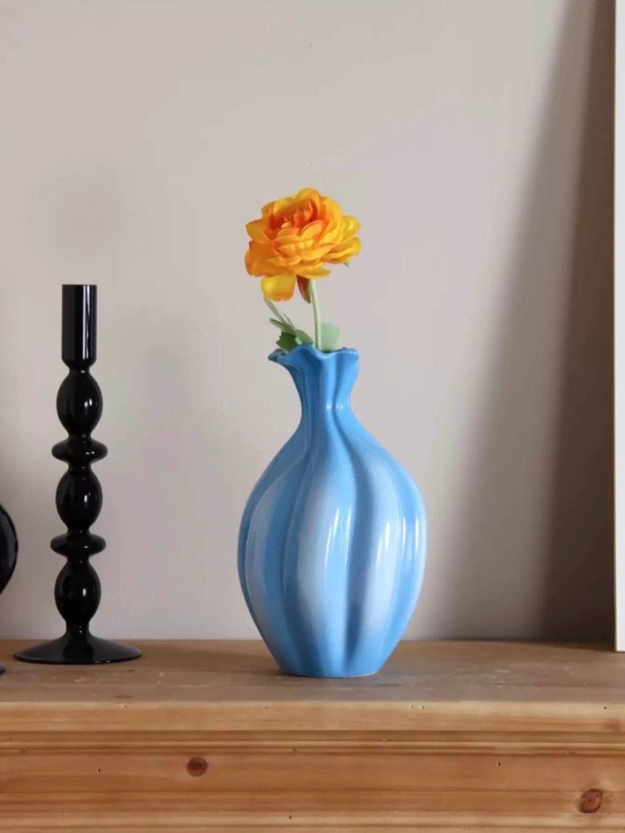 Handcrafted French Style Gradient Blue Ceramic Vase - Unique Flower Ve